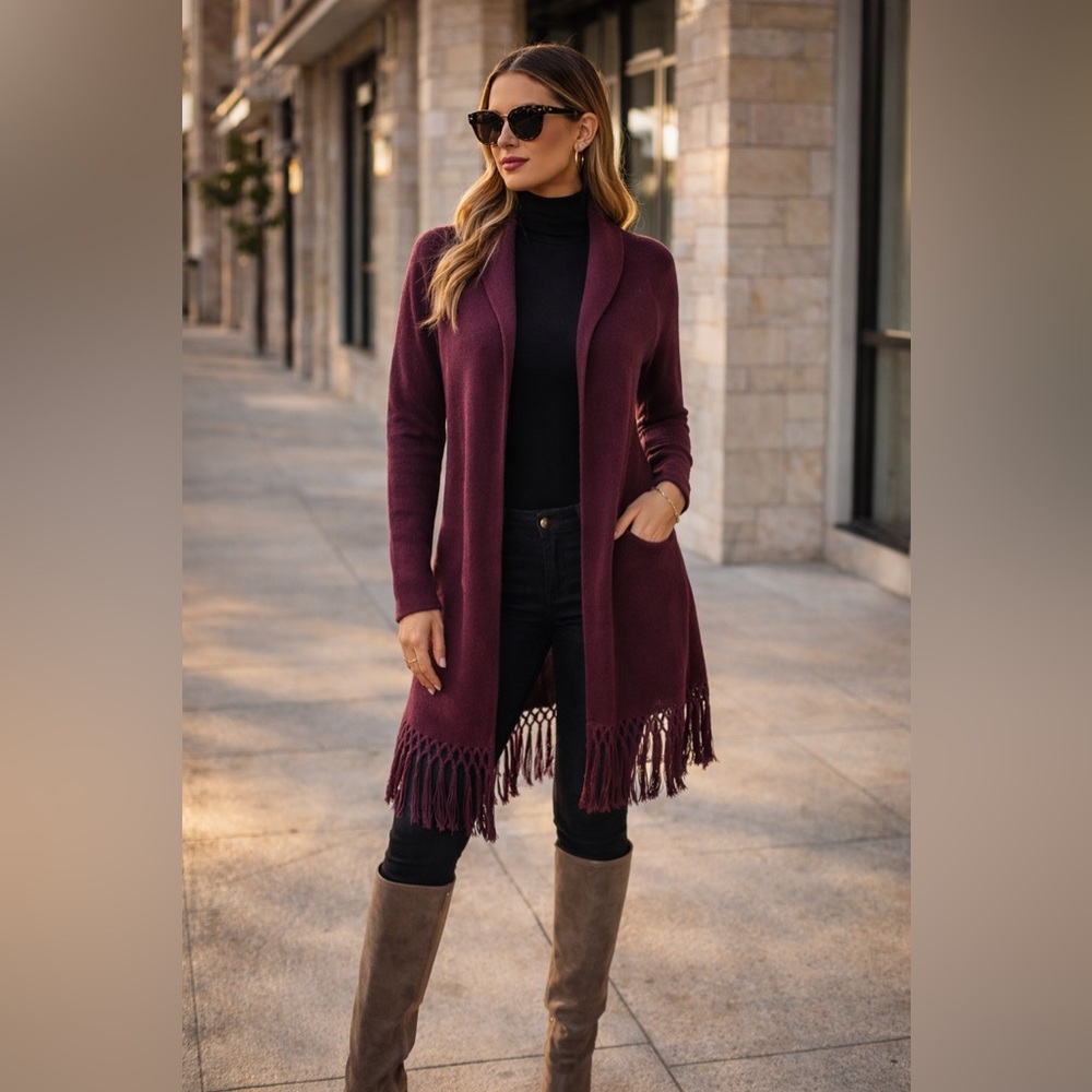 Lilly Pulitzer XS Deep Plum Fringe Hem Open Cardigan Sweater
